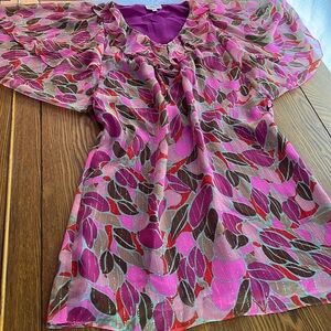 Milly NY Silk mini dress w/ Fuschia & Metallic Gold print, Flutter Sleeve